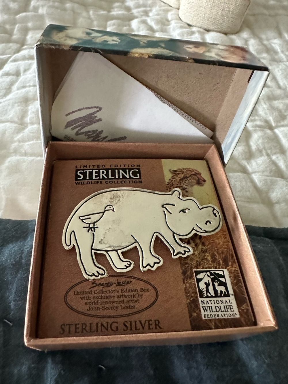 National Wildlife Federation Hippopotamus Sterling Silver Vintage Pin in Box